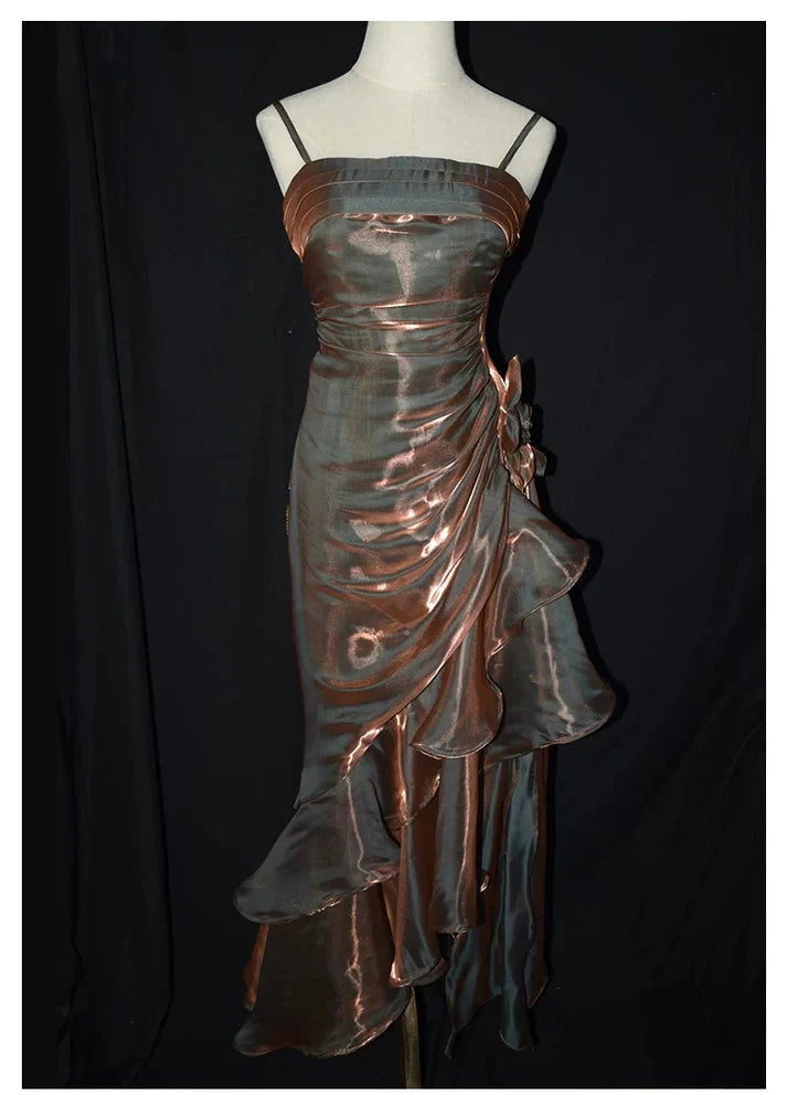 Retro Mermaid Spaghetti Straps Satin Long Prom Dresses Prom Dress