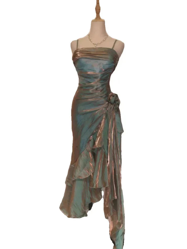 Retro Mermaid Spaghetti Straps Satin Long Prom Dresses Prom Dress
