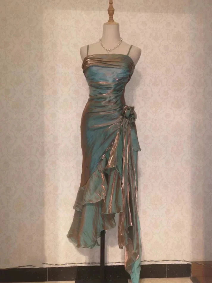Retro Mermaid Spaghetti Straps Satin Long Prom Dresses Prom Dress