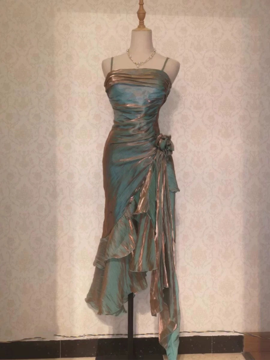 Retro Mermaid Spaghetti Straps Satin Long Prom Dresses Prom Dress