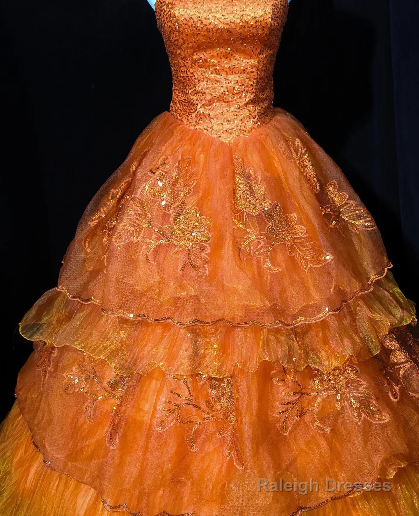 Retro Orange A-Line Strapless Tulle Sequin Long Prom Dress Gorgeous Wedding Dress Secondary image