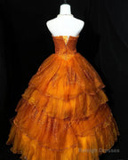 Retro Orange A-Line Strapless Tulle Sequin Long Prom Dress Gorgeous Wedding Dress