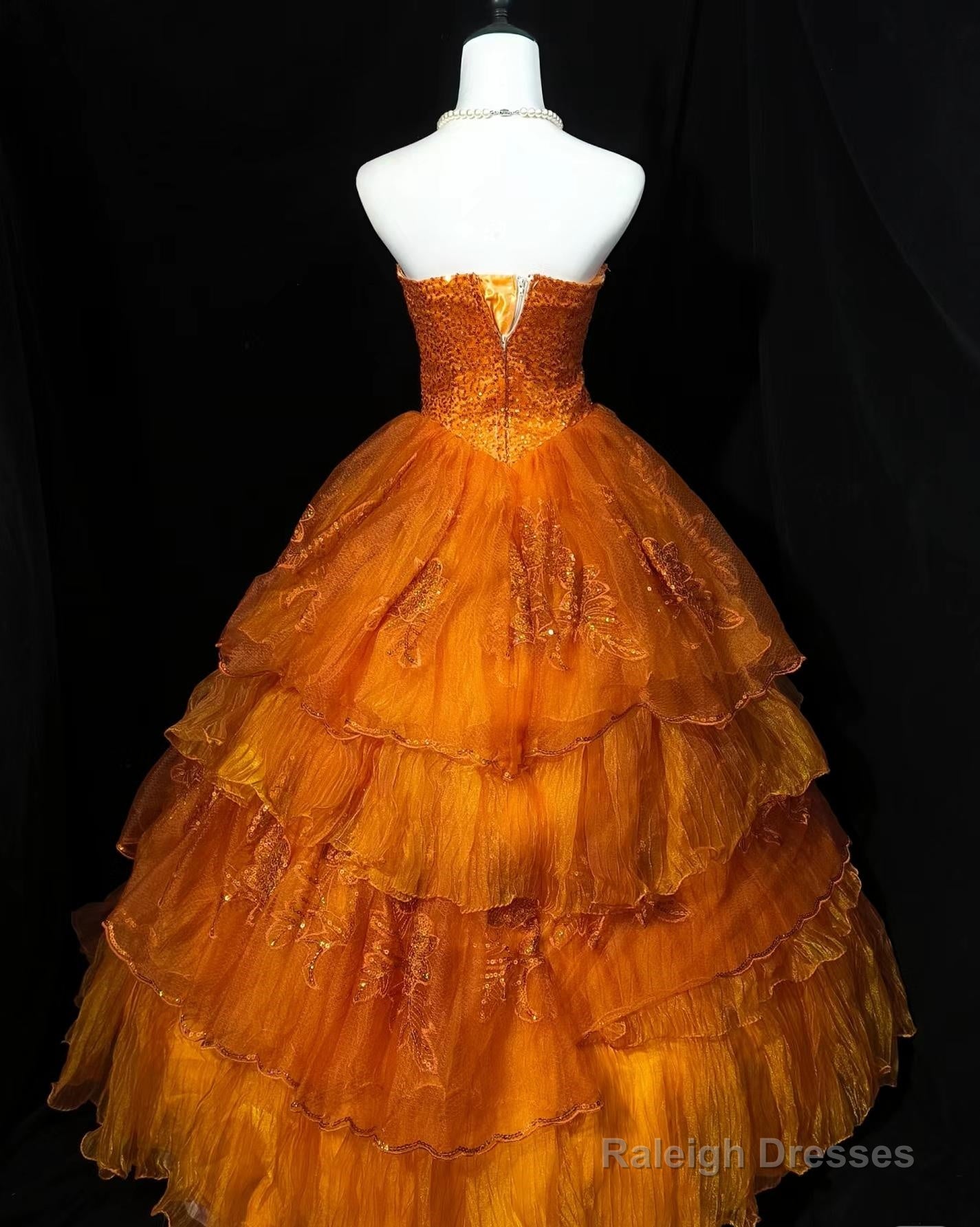 Retro Orange A-Line Strapless Tulle Sequin Long Prom Dress Gorgeous Wedding Dress