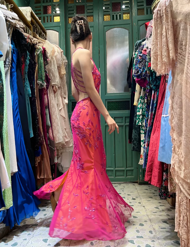 Retro Orange-Pink Mermaid Halter Neck Backless Beaded Tulle Long Formal Prom Dress