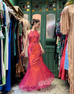 Retro Orange-Pink Mermaid Halter Neck Backless Beaded Tulle Long Formal Prom Dress