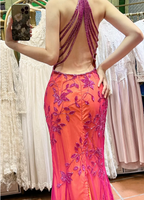 Retro Orange-Pink Mermaid Halter Neck Backless Beaded Tulle Long Formal Prom Dress