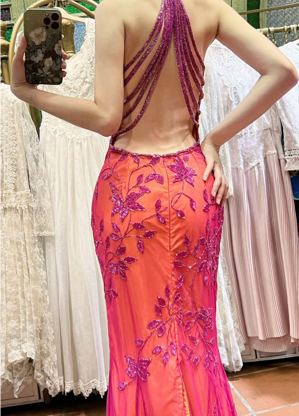 Retro Orange-Pink Mermaid Halter Neck Backless Beaded Tulle Long Formal Prom Dress