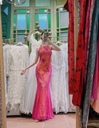 Retro Orange-Pink Mermaid Halter Neck Backless Beaded Tulle Long Formal Prom Dress