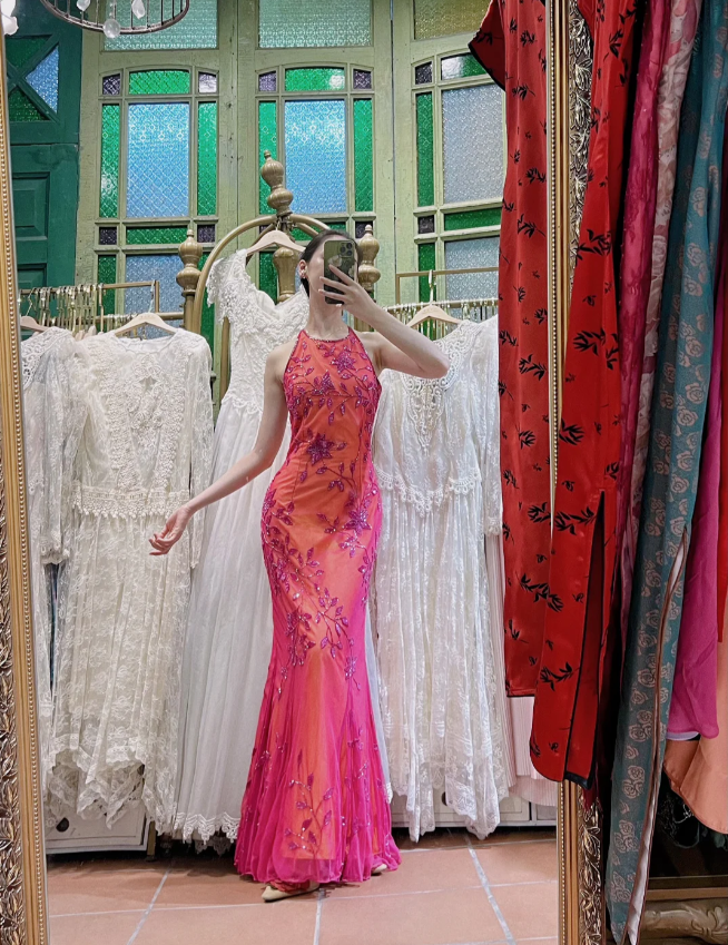 Retro Orange-Pink Mermaid Halter Neck Backless Beaded Tulle Long Formal Prom Dress