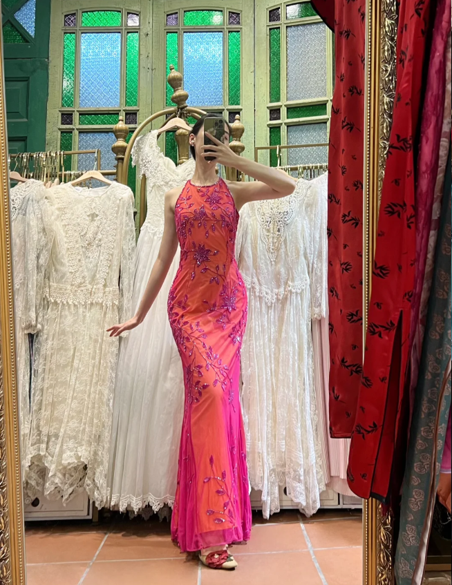 Retro Orange-Pink Mermaid Halter Neck Backless Beaded Tulle Long Formal Prom Dress