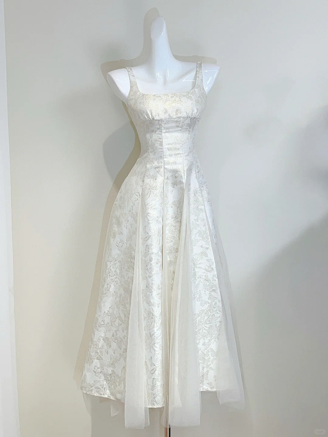 Retro Palace Ivory A-Line Square Neck Strap Jacquard Tulle Formal Prom Dress
