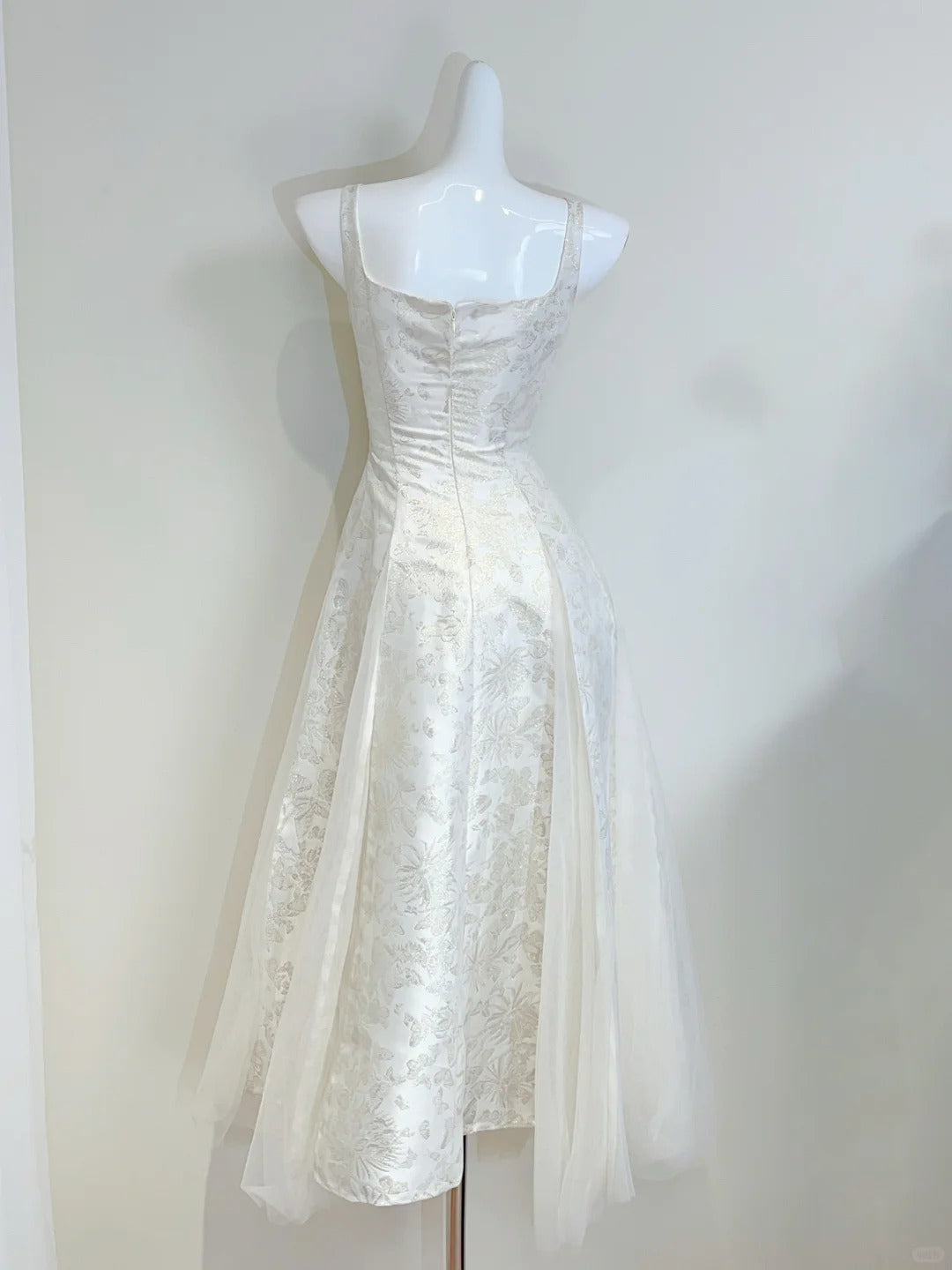 Retro Palace Ivory A-Line Square Neck Strap Jacquard Tulle Formal Prom Dress