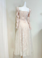 Retro Palace Nude Pink A-Line Long Lace Tulle Long Formal Prom Dress