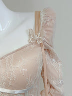 Retro Palace Nude Pink A-Line Long Lace Tulle Long Formal Prom Dress