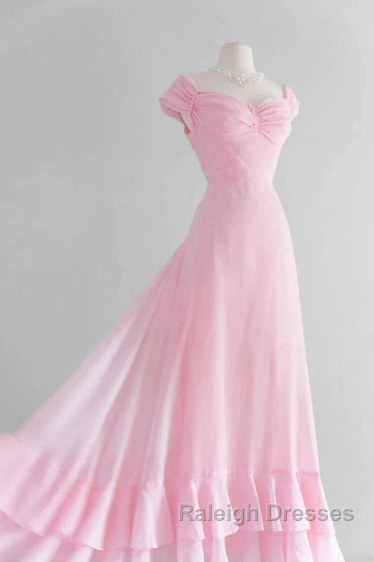 Retro Pink A Line Long Prom Dresses Pink Bridesmaid Dresses Secondary image
