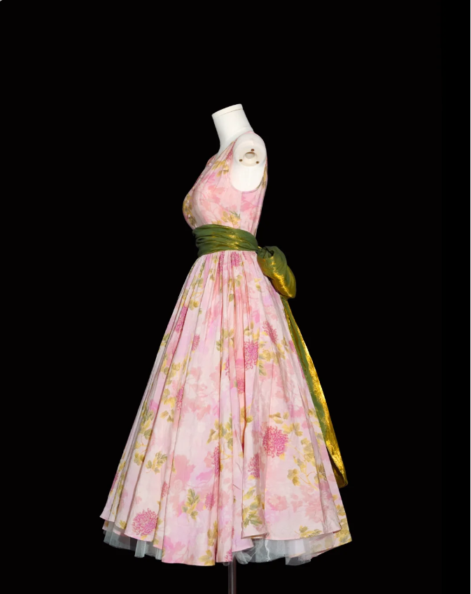 Retro Pink Floral Print A-Line Round Neck Bow Waist-Cinching Long Formal Prom Dress Secondary image