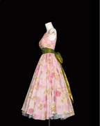 Retro Pink Floral Print A-Line Round Neck Bow Waist-Cinching Long Formal Prom Dress