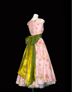 Retro Pink Floral Print A-Line Round Neck Bow Waist-Cinching Long Formal Prom Dress