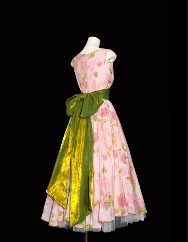 Retro Pink Floral Print A-Line Round Neck Bow Waist-Cinching Long Formal Prom Dress