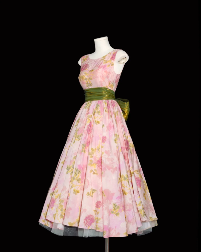 Retro Pink Floral Print A-Line Round Neck Bow Waist-Cinching Long Formal Prom Dress