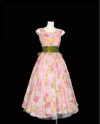 Retro Pink Floral Print A-Line Round Neck Bow Waist-Cinching Long Formal Prom Dress