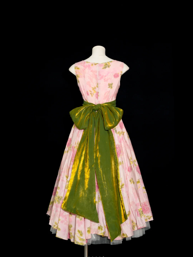 Retro Pink Floral Print A-Line Round Neck Bow Waist-Cinching Long Formal Prom Dress