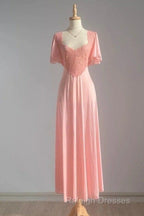Retro Pink Long Bridesmaid Dress Lace Prom Dresses