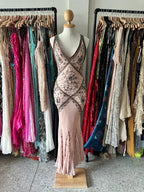 Retro Pink Mermaid Backless V-Neck Beaded Chiffon Long Formal Prom Dress