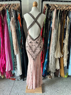 Retro Pink Mermaid Backless V-Neck Beaded Chiffon Long Formal Prom Dress