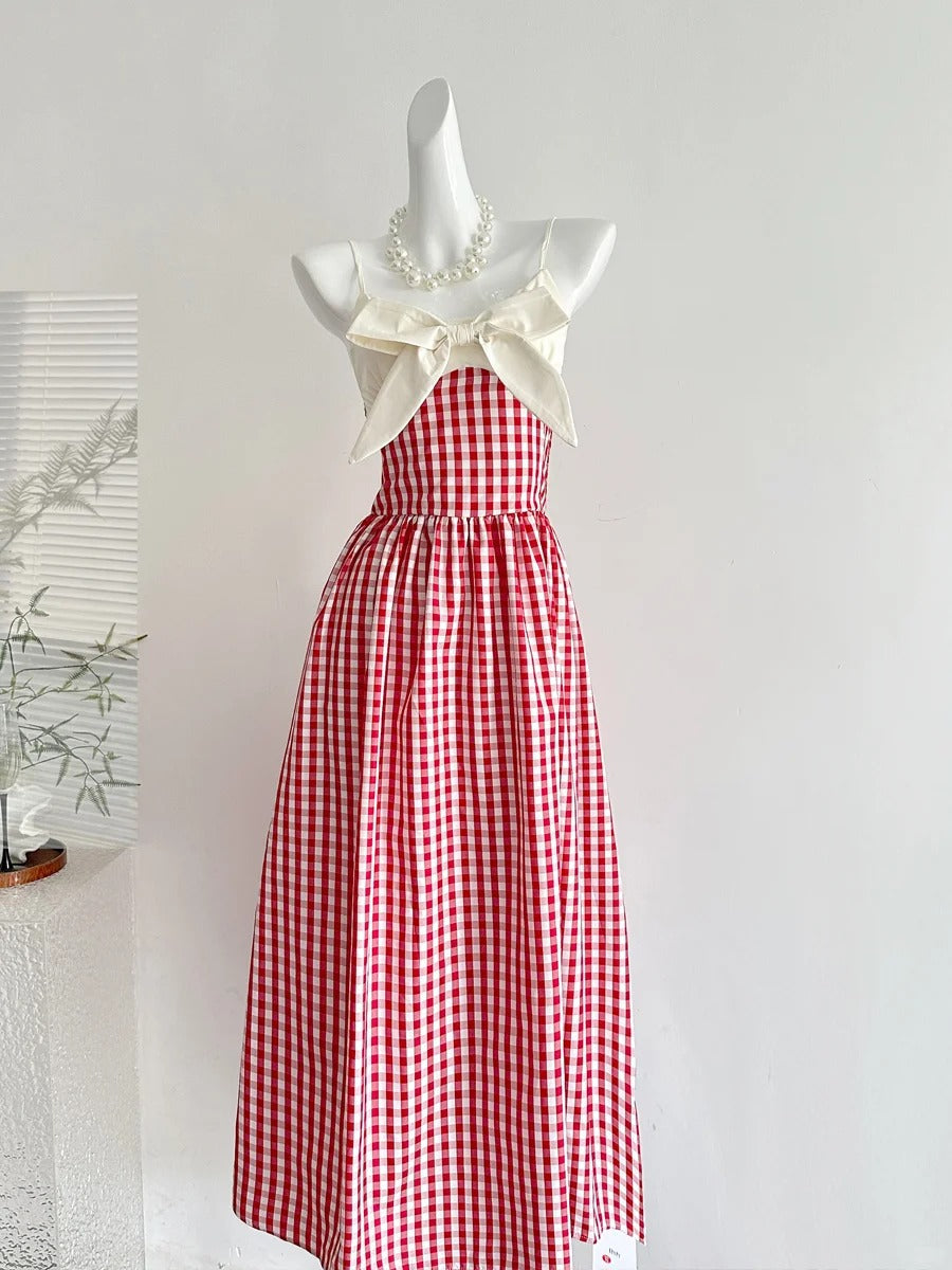 Retro Red And White Plaid A-Line Bow Strap Long Formal Prom Dress 17Th Birthday Dress Secondary image