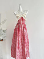 Retro Red And White Plaid A-Line Bow Strap Long Formal Prom Dress 17Th Birthday Dress