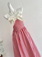 Retro Red And White Plaid A-Line Bow Strap Long Formal Prom Dress 17Th Birthday Dress