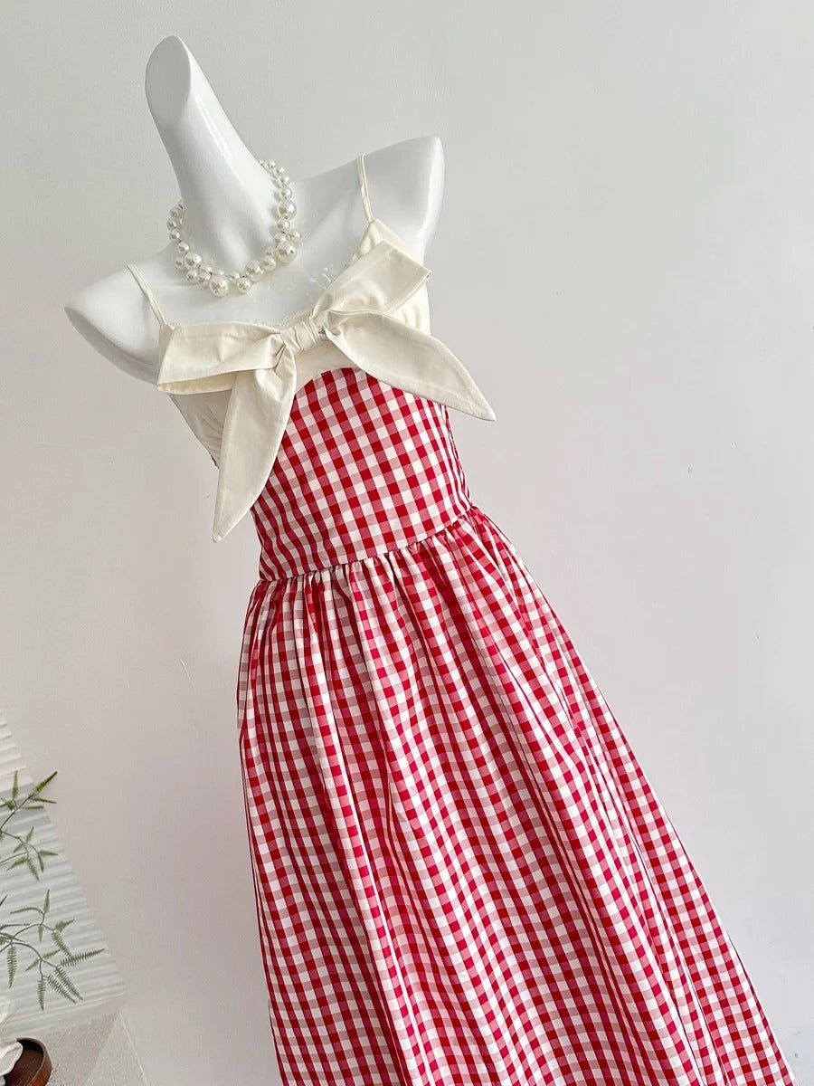 Retro Red And White Plaid A-Line Bow Strap Long Formal Prom Dress 17Th Birthday Dress