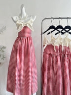 Retro Red And White Plaid A-Line Bow Strap Long Formal Prom Dress 17Th Birthday Dress
