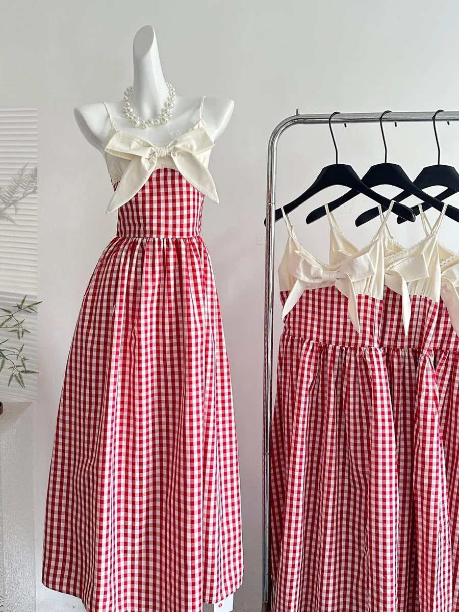 Retro Red And White Plaid A-Line Bow Strap Long Formal Prom Dress 17Th Birthday Dress
