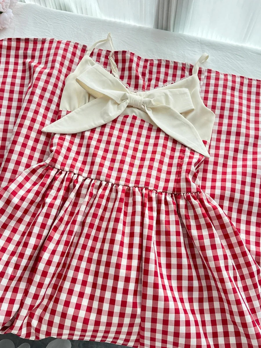 Retro Red And White Plaid A-Line Bow Strap Long Formal Prom Dress 17Th Birthday Dress