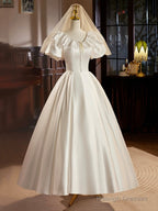 Retro Satin Tea Length Prom Dress With Lace, White A-Line Evening Party Dress
