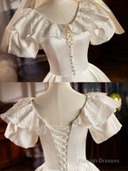 Retro Satin Tea Length Prom Dresses With Lace White A-Line Prom Dresses