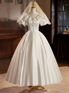 Retro Satin Tea Length Prom Dresses With Lace White A-Line Prom Dresses