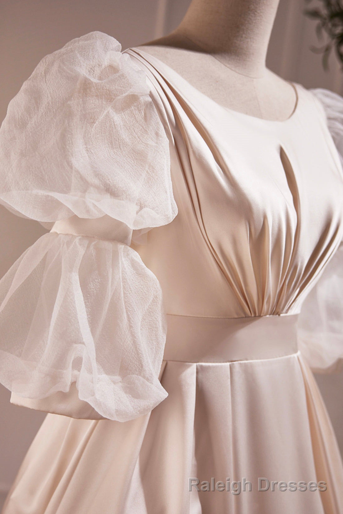 Retro Scoop Neck Lace Tea-length Prom Dress, A Line Puffy Short Sleeve Prom Dress