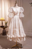 Retro Scoop Neck Lace Tea-length Prom Dress, A Line Puffy Short Sleeve Prom Dress