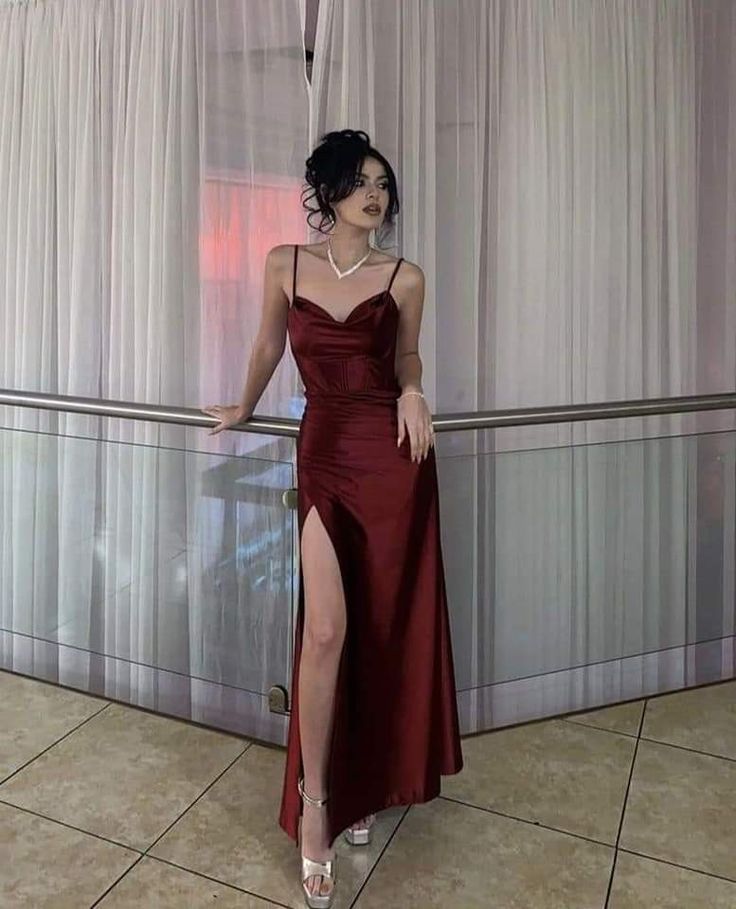Retro Sheath Spaghetti Straps Burgundy Satin Long Prom Dresses Prom Dress
