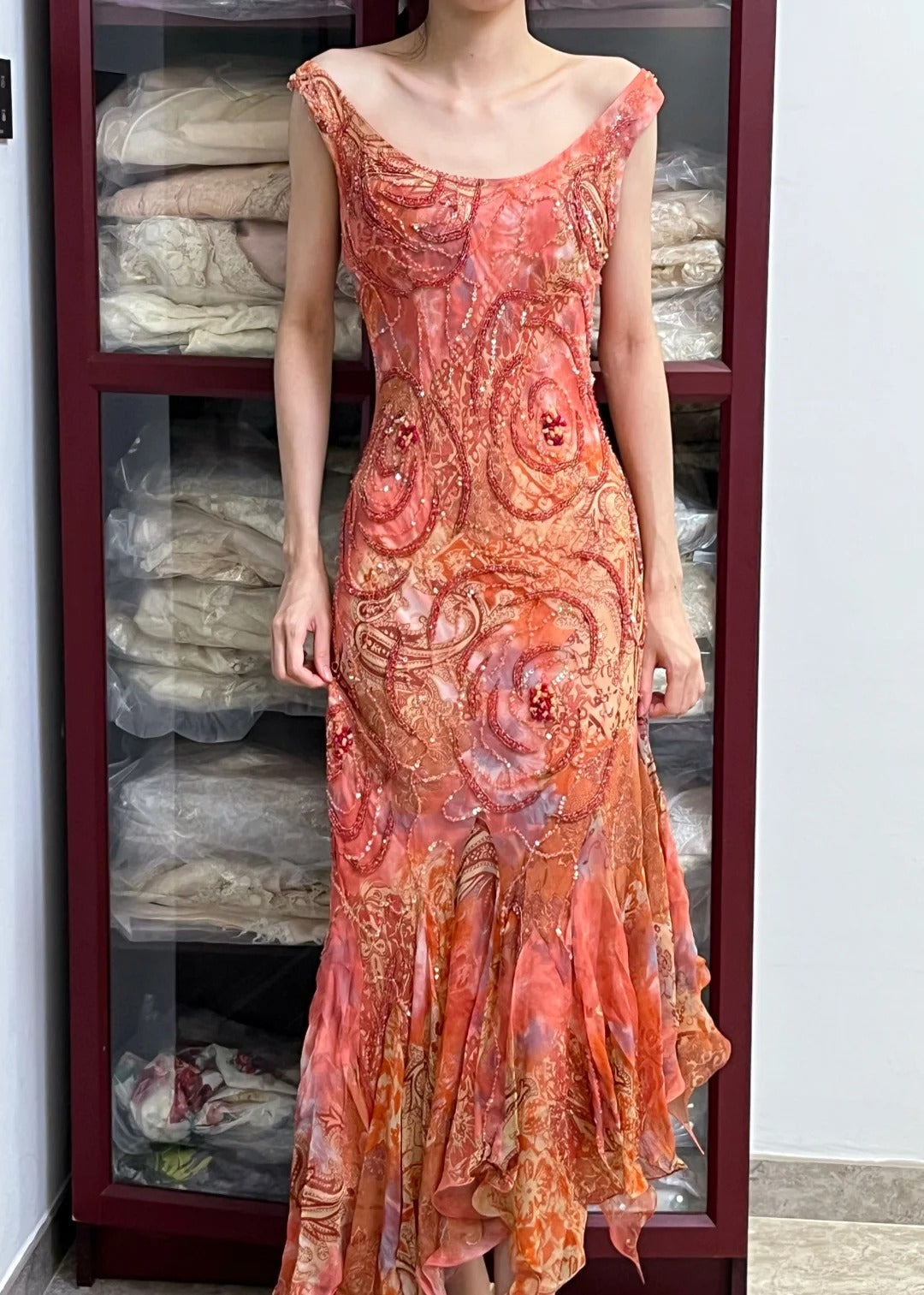 Retro Sparkling Orange-Red Mermaid Ruffled Beaded Chiffon Long Formal Prom Dress Secondary image
