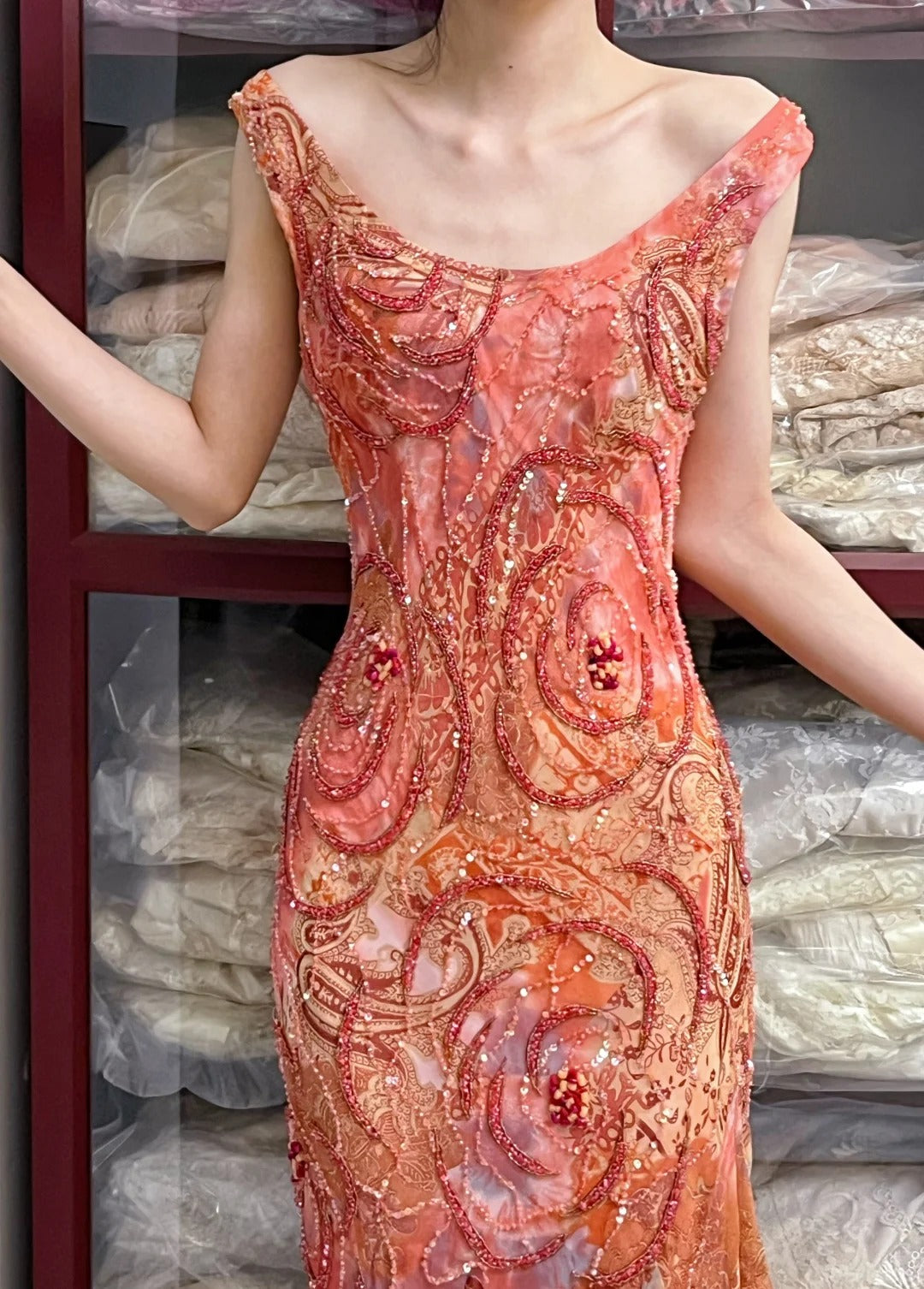 Retro Sparkling Orange-Red Mermaid Ruffled Beaded Chiffon Long Formal Prom Dress