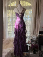 Retro Strapless Grape Purple Fungus Curled Skirt Chiffon Long Prom Dresses