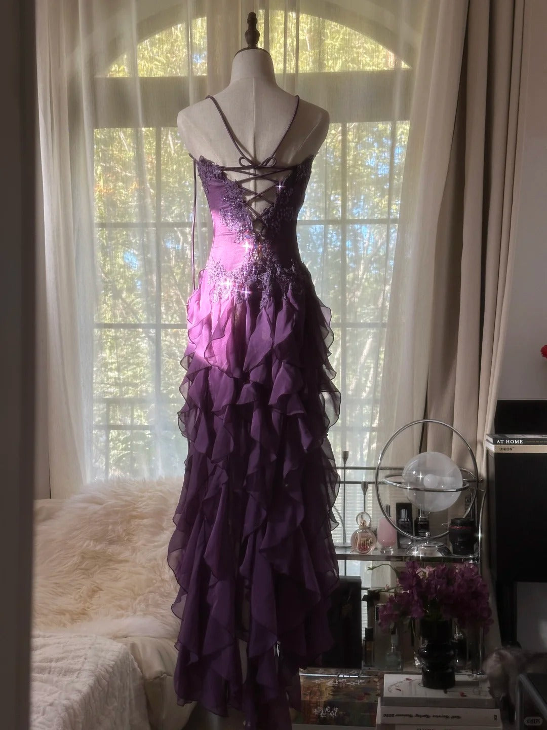 Retro Strapless Grape Purple Fungus Curled Skirt Chiffon Long Prom Dresses