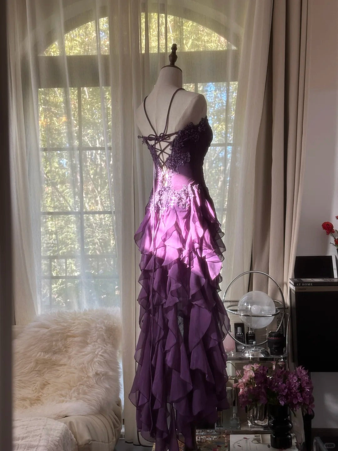 Retro Strapless Grape Purple Fungus Curled Skirt Chiffon Long Prom Dresses