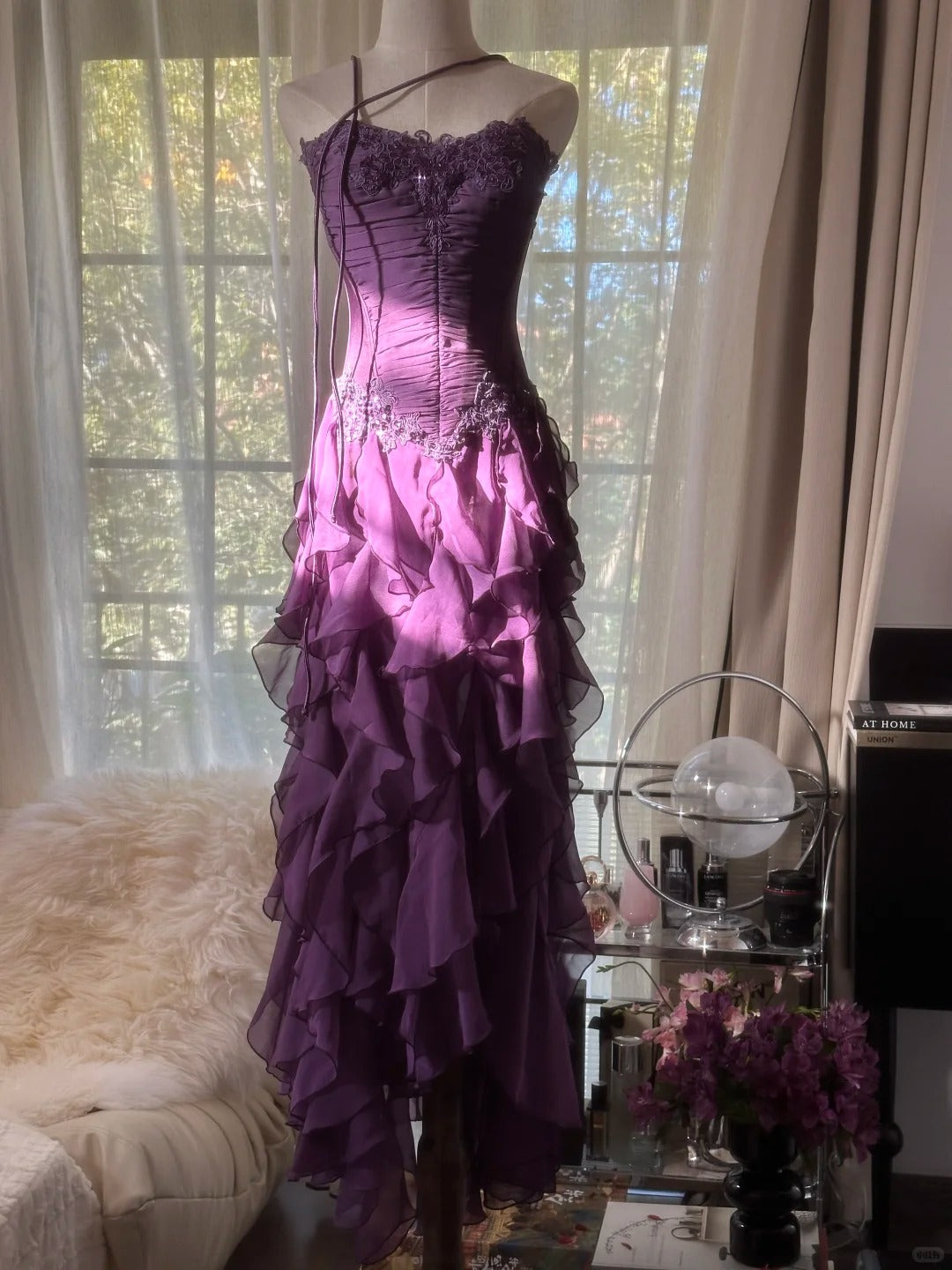 Retro Strapless Grape Purple Fungus Curled Skirt Chiffon Long Prom Dresses