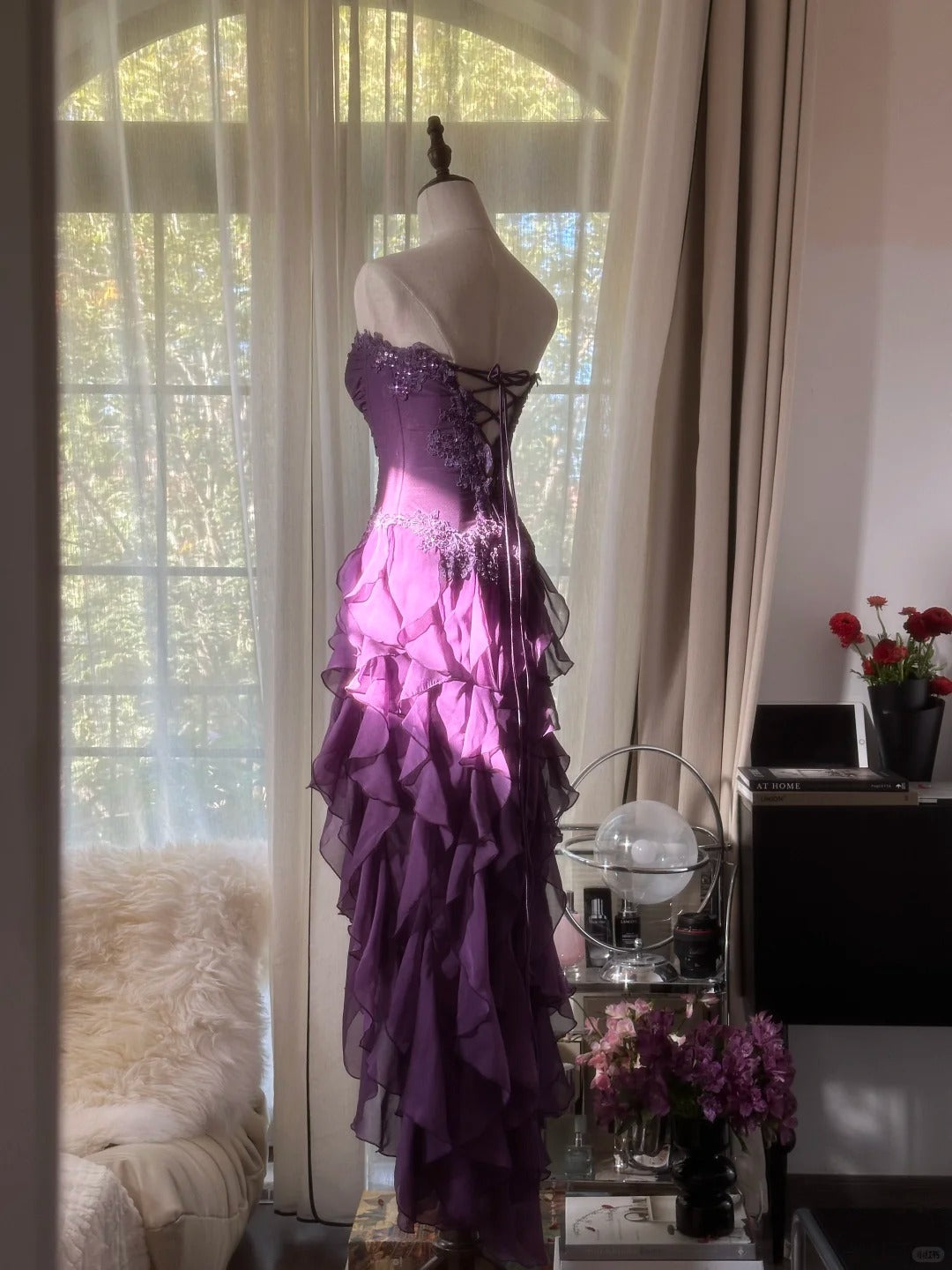 Retro Strapless Grape Purple Fungus Curled Skirt Chiffon Long Prom Dresses