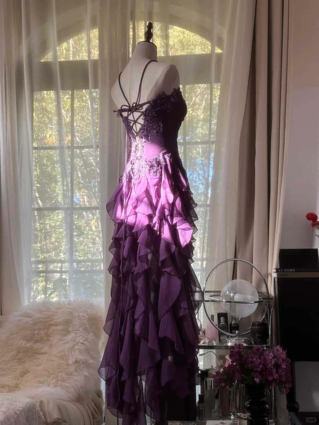 Retro Strapless Grape Purple Fungus Curled Skirt Chiffon Long Prom Dresses